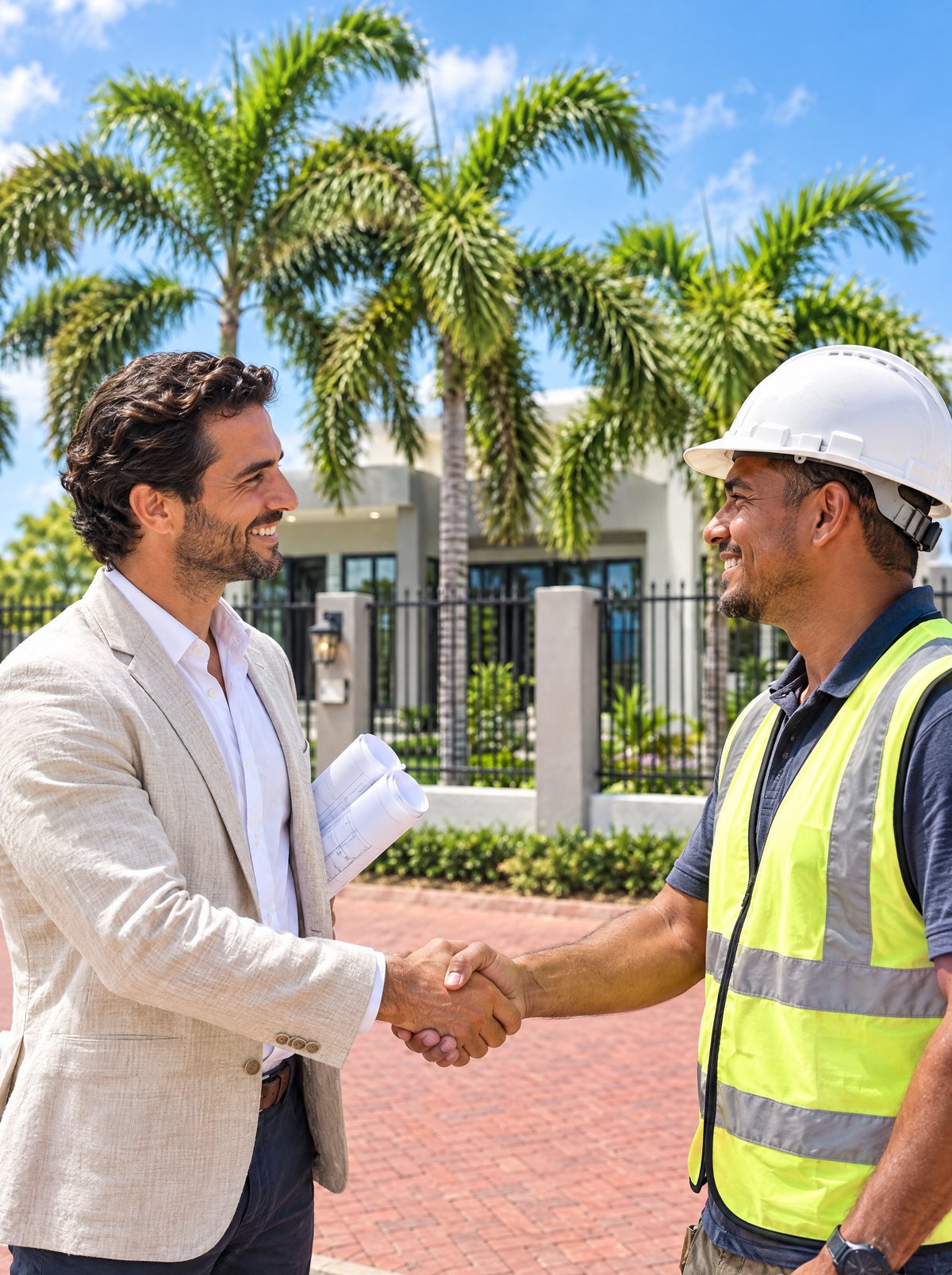 An architect and a contractor shaking hands in front of a finished modern home with palm trees