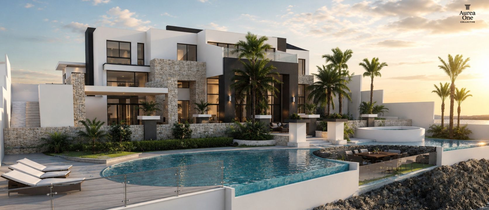 Aurea One Collective render of a modern Caribbean villa with an infinity pool at sunset