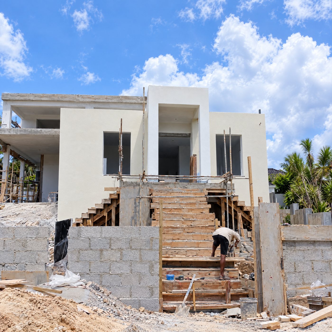 A two-storey home under construction with formwork stairs