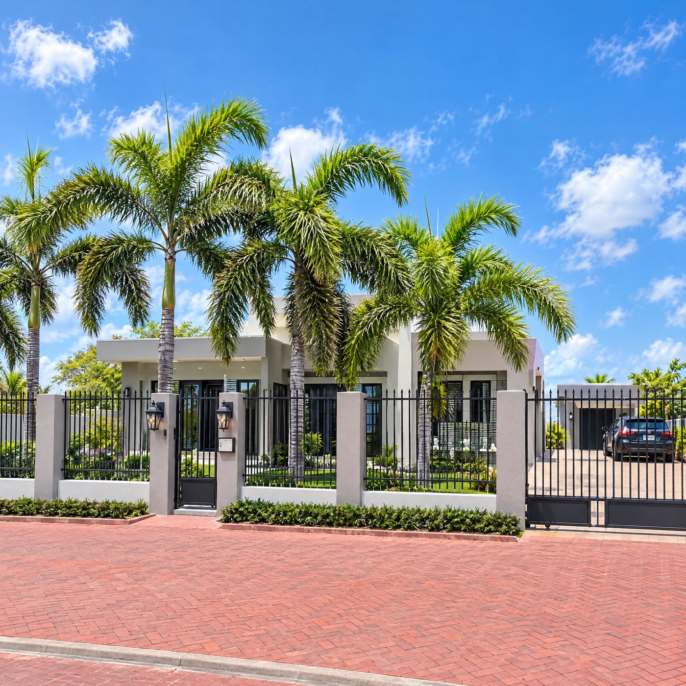 A finished modern home behind royal palms and a black metal fence