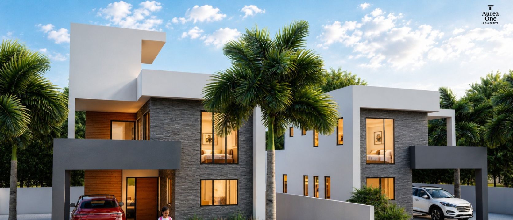 3D render of a two-storey home with stone cladding